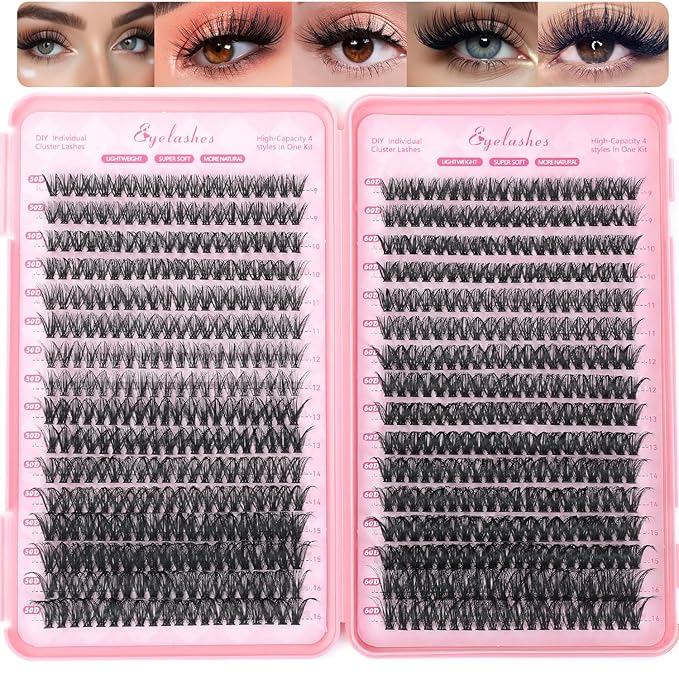 Lash Clusters Kit, 640 Pcs Eyelashes Clusters Extensions Kit 9-16mm Individual Lashes D Curl Fluffy Wispy False Eyelashes Thin Band(50D&60D)