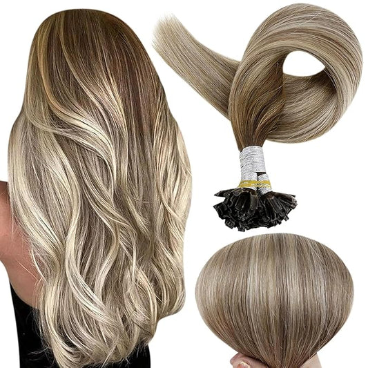 Full Shine U Tip Human Hair Extensions 20 Inch K Tip Hair Extensions Real Human Hair Balayage Color 3 Fading to 8 and 22 Blonde Nail Tip Extensions 50 Grams Remy Hair