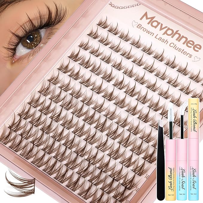 Mavphnee Brown Lash Clusters Kit Fairy Lash Extensions Kit Anime Eyelash Clusters Spiky Cluster Eyelash Extensions Natural Manga Individual Lashes Kit with Bond and Seal Lash Glue Clear