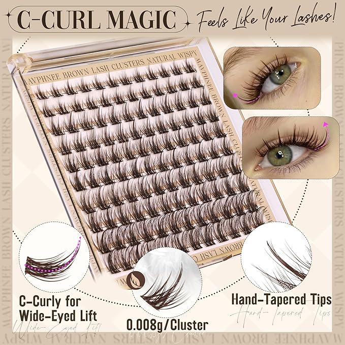 Brown Lash Clusters Wispy Eyelash Individual Lashes Spikes DIY Lash Extensions Dark Brown Cluster Lashes Natural Cluster Eyelash Extensions C-Curly Eyelash Clusters Clear Band Fairy Lash Pack 120Pcs