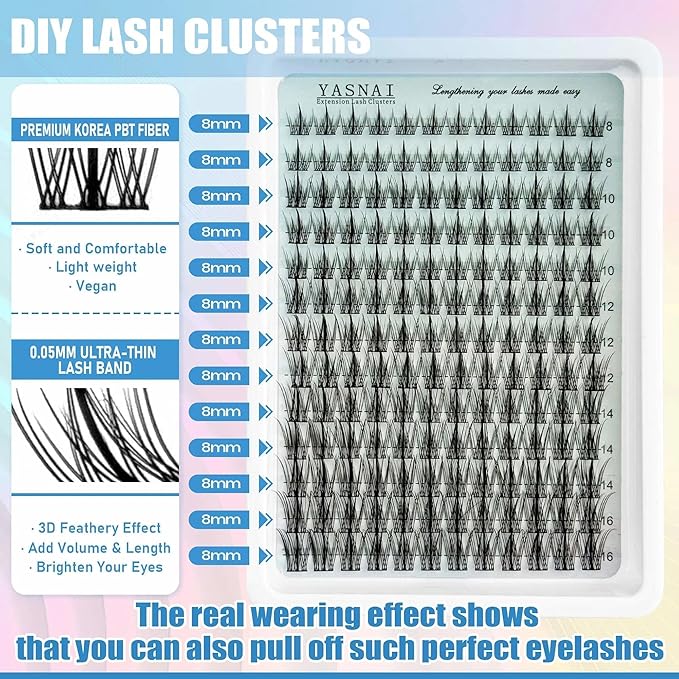 Lash Clusters Natural Look Wispy Manga C Curl Lash Extensions Fairy Eyelash Clusters 8-16MM 156pcs Eye Lashes Extension, Yasnai Individual Eyelash Clusters DIY at Home