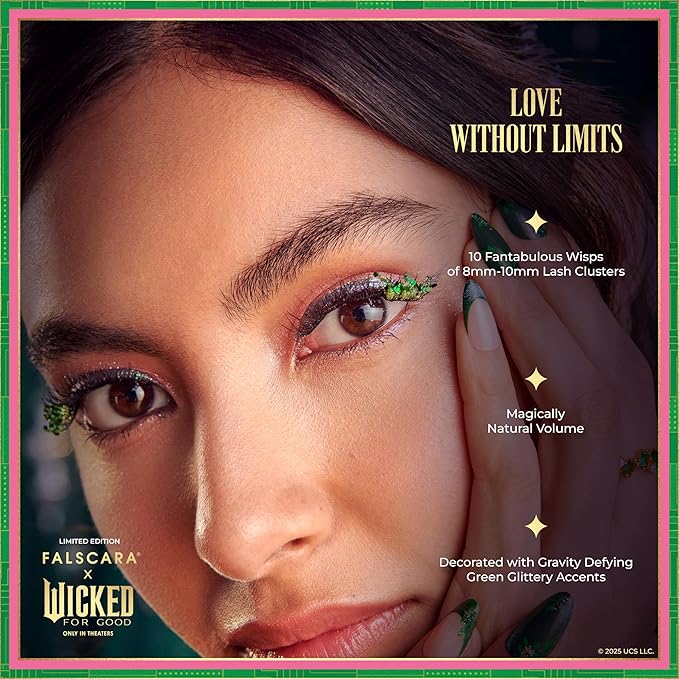 FALSCARA X WICKED: FOR GOOD False Eyelashes, ‘Love Without Limits’, 8mm-10mm Natural Volume, Green Glitter, Lash Extension Kit Includes Mini BOND, Mini Applicator, & 10 Lash Clusters