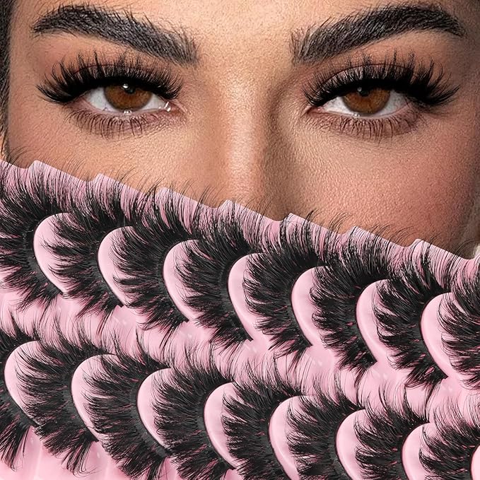 Ahrikiss Lashes Fluffy False Eyelashes 5D Volume Fake Lashes That Look Like Extensions 10 Pairs Soft Thick Strip Lashes Wispy Faux Mink Lashes (D15)