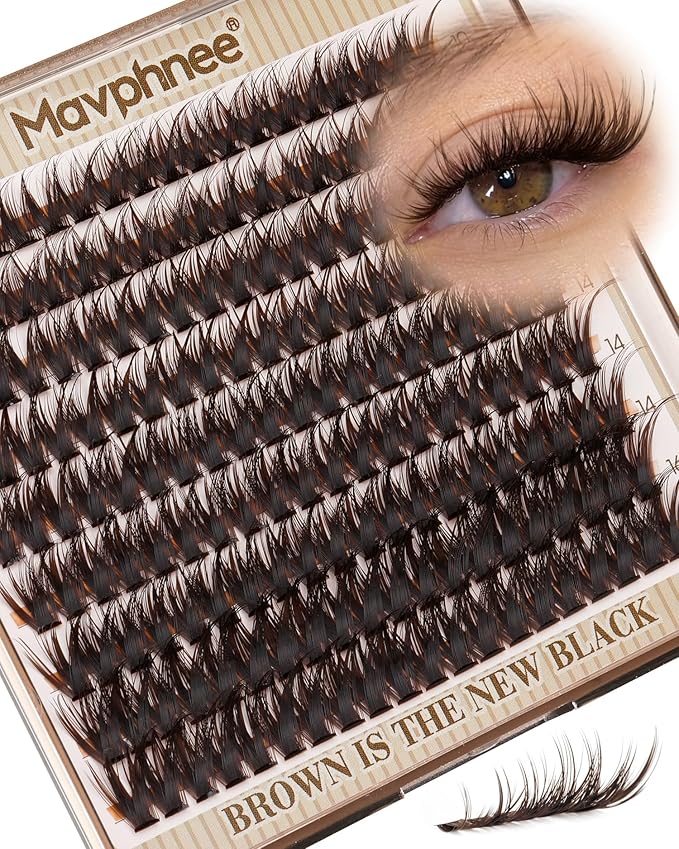 Mavphnee Brown Lash Clusters Wispy Natural Eyelash Extensions Dark Brown Individual Lashes 10-16MM CC-Curly Cluster Lashes Extensions 180Pcs Hybrid Eyelash Clusters DIY Lash Pack