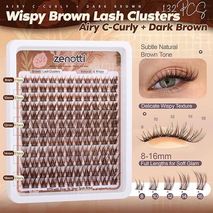 Brown Lash Clusters Wispy Lashes Clusters Natural Cluster Eyelash Extensions Dark Brown Eyelash Cluster C-Curly Individual Lashes Extension DIY Eyelash Extensions 8-16MM 132PCS by zenotti