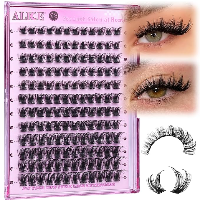 ALICE Lash Clusters Eyelash Clusters Wispy Cluster Eyelash Extensions Russian Volume Individual Lashes Natural Thin Band Lash Extensions DIY at Home (144pcs/10-18mm/D- Curly)