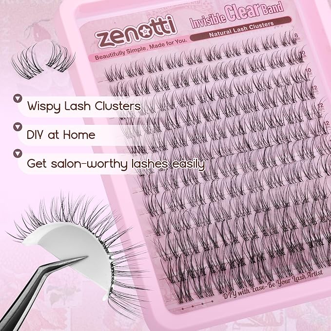 Natural Lash Clusters Venus Wispy Eyelash Clusters Natural Cluster Eyelash Extensions Invisible Band Lashes Cluster C-curly DIY Individual lashes Extension with Clear Lash Band 8-18mm by zenotti