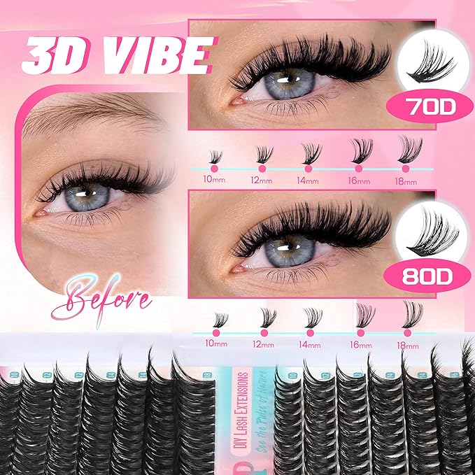 Lash Clusters Thick Volume DIY Lash Extensions 245Pcs 70D 80D Dramatic Individual Lashes 10-18MM Mixed D Curl Fluffy Eyelash Extensions Soft Thick Cluster Lashes (70D+80D)