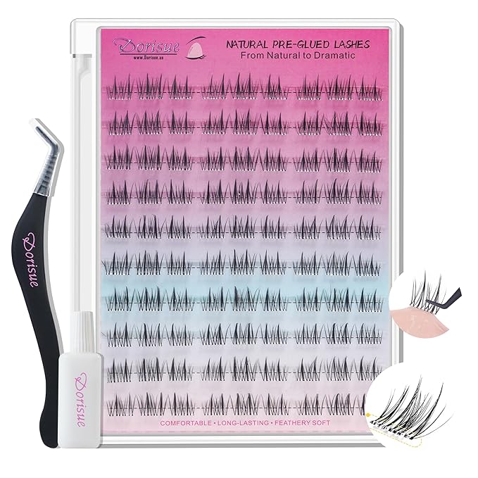 Pre Glued Lash Clusters Daily Individual Eyelashes No Glue Needed Self Adhesive Wispy Volume False Lashes,Premium Tweezers and Extra Travel Glue 90PCS