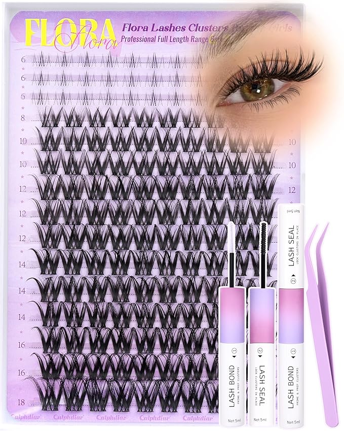 Flora Lash Clusters Kit Wispy Eyelash Extension Kit Natural Eyelash Clusters with Bottom Lashes 6-18mm Cluster Eyelash Extensions C Curly Individual Lashes Clusters Kit by calphdiar