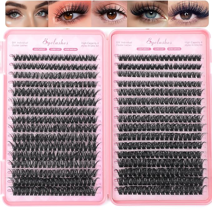 Lash Clusters Kit, 640 Pcs Eyelashes Clusters Extensions Kit 9-16mm Individual Lashes D Curl Fluffy Wispy False Eyelashes Thin Band(80D&100D)