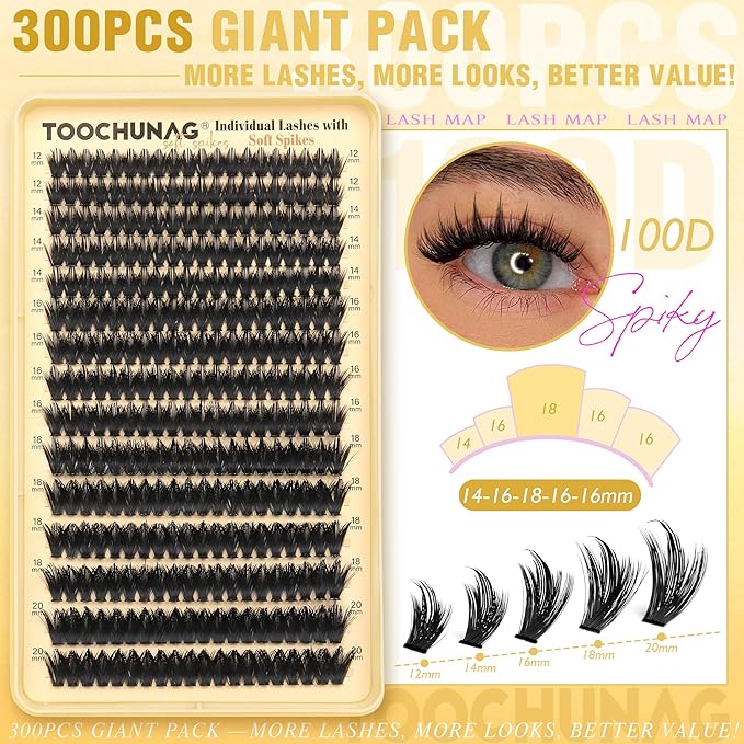 Spiky Lash Clusters 300pcs 100D Long Eyelash Clusters 12-20mm Manga Lashes Individual Volume Cluster Eyelash Extensions Thick DIY Plume Flake Cluster Lash Extension by TOOCHUNAG