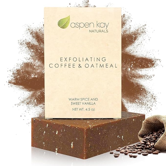 Aspen Kay Naturals Coffee & Oatmeal Exfoliating Soap, Natural and Organic Coffee Scrub. With Organic Shea Butter & Pure Essential Oils. A Wonderful Oatmeal Soap, For Men & Women. 4.5 oz Bar.