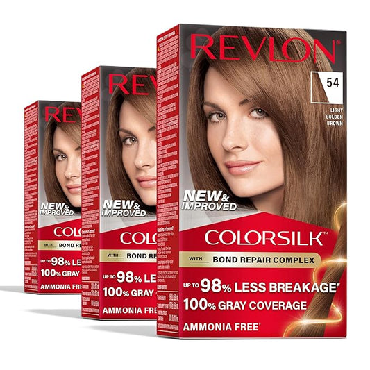 Revlon ColorSilk with Bond Repair Complex, Brown Permanent Hair Color, 100% Gray Coverage, Ammonia Free Hair Dye, Vegan Keratin, 54 Light Golden Brown (Pack of 3)