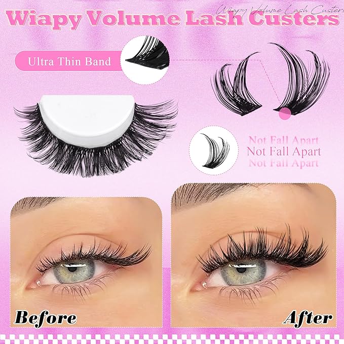 ALICE Lash Clusters Eyelash Clusters Wispy Cluster Eyelash Extensions Russian Volume Individual Lashes Natural Thin Band Lash Extensions DIY at Home (144pcs/10-18mm/D- Curly)