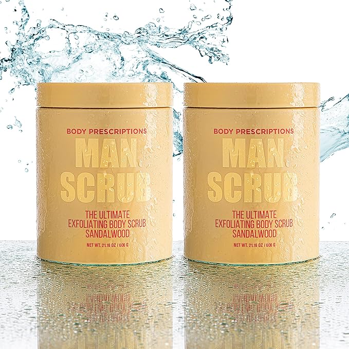Body Prescriptions Men’s Exfoliating Body Scrub – Ultimate Skin Cleansing Wash in Jar with Twist-Top Lid, For All Skin Types, 21 Ounce (Pack of 2), Sandalwood