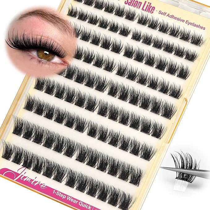 JIMIRE Self Adhesive Eyelashes Wispy Lash Clusters No Glue Needed Press on Lashes Reusable Self Adhesive Lash Clusters 10-16MM Pre-Glued Eyelash Clusters Easy to Apply 108Pcs Pack