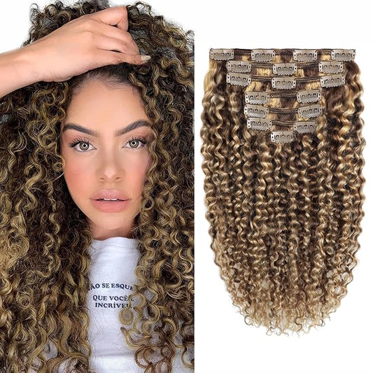 Caliee 16inch Highlighted Blonde 3B 3C Curly Clip in Hair Extension Jerry Curly Real Human Hair Extensions Clip Ins Piano Dark Brown Mixed with Strawberry Blonde Color Natural Curly Clip in Extensions