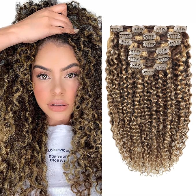 Caliee 18Inch Human Hair Jerry Curly Clip in Hair Extensions Highlight Piano Dark Brown Mixed with Strawberry Blonde for Women 3B 3C Curly Clip ins Real Remy Human Hair Extensions #P4/27 120G 7Pcs