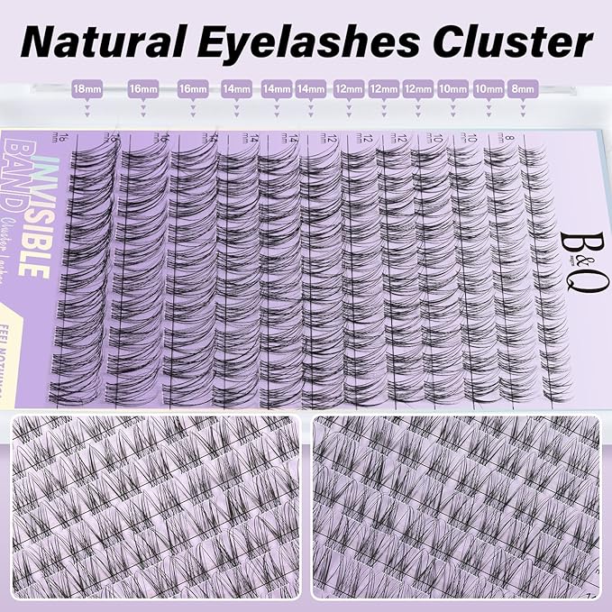 B&Q Flora Lash Clusters Kit Natural Lashes Clusters Invisible Band 144 pcs Manga Lashes Individual with Lash Bond and Seal Eyelash Extension Kit Easy Removal (Flora Kit-MIX8-18mm)