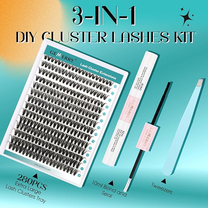 GEMERRY DIY Lash Extension Kit for Beginners 280 PCS Individual Lash Cluster Kit 0.07D 10-18 MIX Eyelash Extension Kit Lash Glue for Eyelash Extensions(40D-0.07D,10-18MIX-KIT)