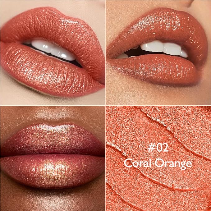 Coral Orange Lipstick for Women with Metallic Shimmer Shine, Long Lasting Lip Stick Glitter Moisturizing Lightweight Full Coverage Lip Makeup, Smooth Non-Sticky Pearl Shiny Cream Lipstick, 02