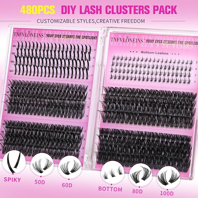TNFVLONEINS Eyelash Clusters Bottom Lash Clusters with Spikes 480Pcs Cluster Eyelash Extensions Wispy Lash Extension DIY Individual Lashes Clusters Manga Eyelash Extension(50D+60D+80D+100D)