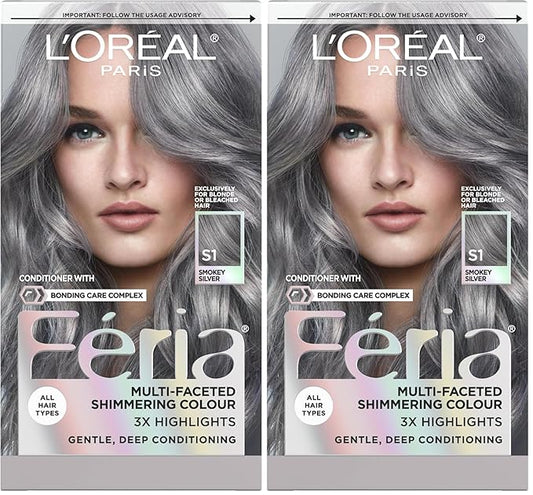 L’Oreal Paris Feria Multi-Faceted Shimmering Permanent Hair Color, Smokey Silver, Pack of 2 Hair Dye Kit