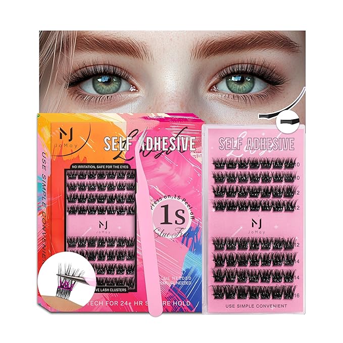JoMay Self Adhesive Flat Lashes Clusters, Press On No Glue Needed Natural Look, Pre-Glued Eyelash Cluster Extensions, Stick On Lashes Easy Eyelashes For Beginners DIY 56PCS - D Curl Ultra Soft X5