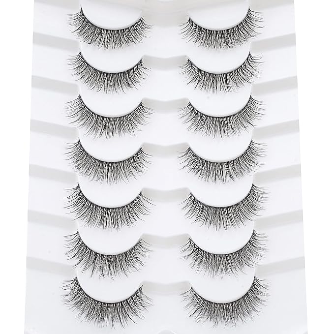 3D Clear Band False EyeLashes Natural Look Cat Eye Wispy Fake lashes Short Supernatural Cross Soft Reusable Lashes 7 Pairs-Happy Heartbeat(No.201)