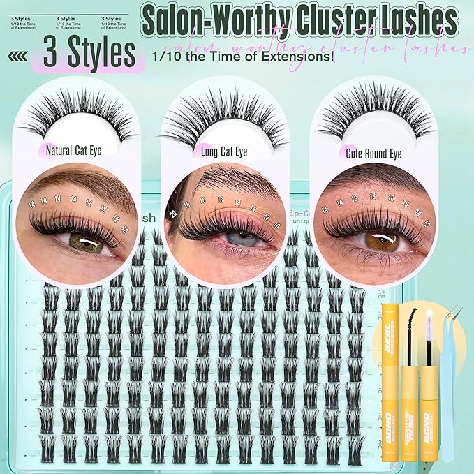 Wispy Lash Clusters Kit Natural Eyelash Clusters Kit 10-20mm Volume Individual Lashes Extension Kit 150pcs D Curly Soft Lightweight Cluster Eyelash Extensions with Lash Bond and Seal by TOOCHUNAG