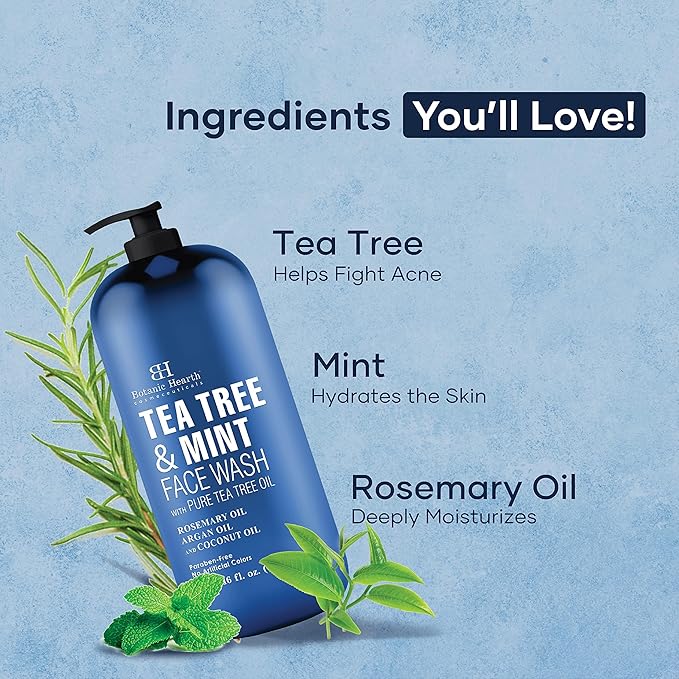 Botanic Hearth Tea Tree Face Wash With Mint | Acne Fighting, Premium, Hydrating Liquid Face Soap With Pure Tea Tree Oil | For Women And Men, Paraben Free, Fights Acne | 16 Fl Oz (Packaging May Vary)