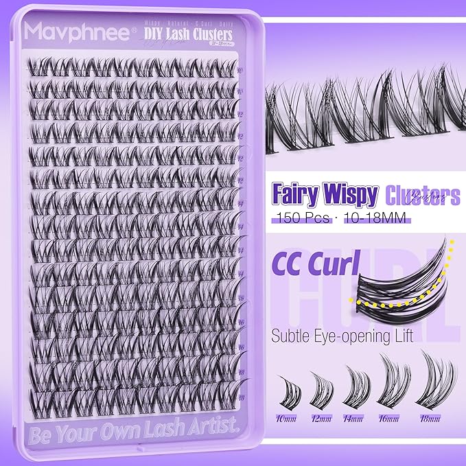 Natural Lash Clusters Wispy Cluster Lash Extensions Spiky Eyelash Extensions Fairy Individual Lashes Clusters Anime Eyelash Clusters CC-Curly Wider Band DIY Lash Value Pack (150Pcs, 10-18MM)