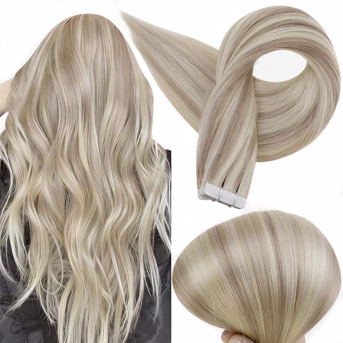 Full Shine Tape in Hair Extensions 12 Inch Remy Tape Hair Extensions Real Human Hair 20pcs 30g Highlight Color 18 Ash Blonde And 613 Blonde Extensions for Women Glue in Hair for Short Tapes ins