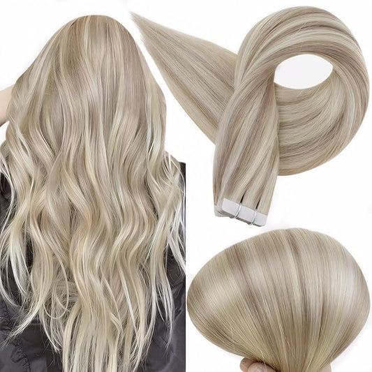 Full Shine Tape in Hair Extensions Human Hair Blonde Tape in Extensions Color 18 Ash Blonde Highlighted 613 Blonde 18Inch Seamless Invisible Skin Weft 100G for Wedding 40Pcs