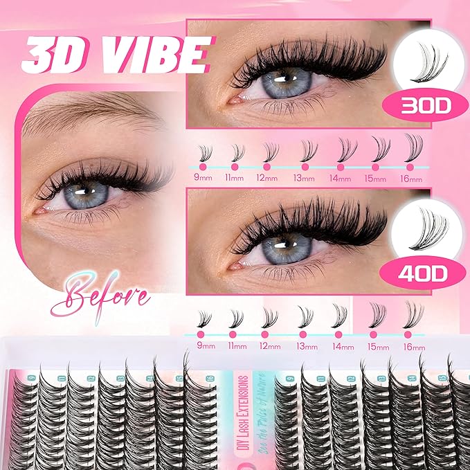 Lash Clusters DIY Lash Extensions 30D 40D Individual Lashes 266Pcs 9-16MM Mixed Wispy Natural Eyelash Extensions D Curl Thin Band Volume Cluster Lashes (30D+40D)