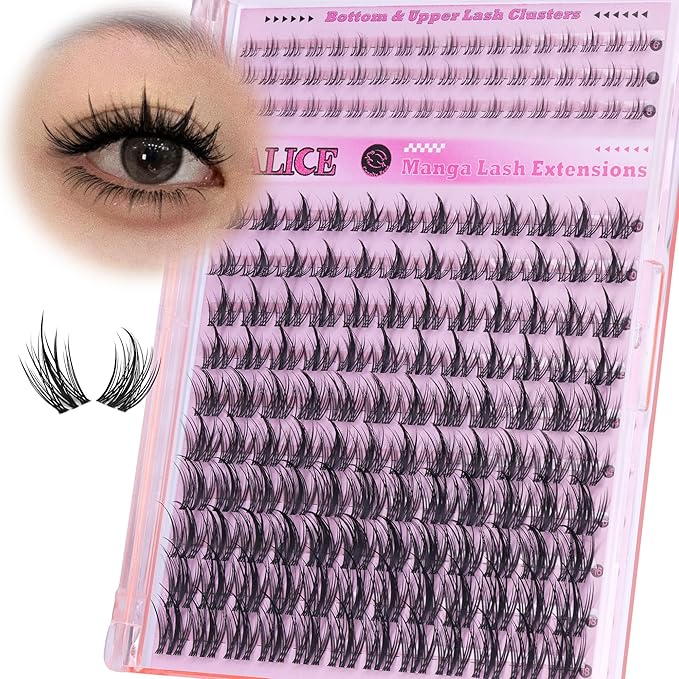 ALICE Manga Lash Clusters Clear Band with Bottom Eyelash Clusters Anime Cluster Eyelash Extensions Wispy Natural Lash Extensions Thin Band 174pcs 6-18mm Individual Lashes DIY at Home