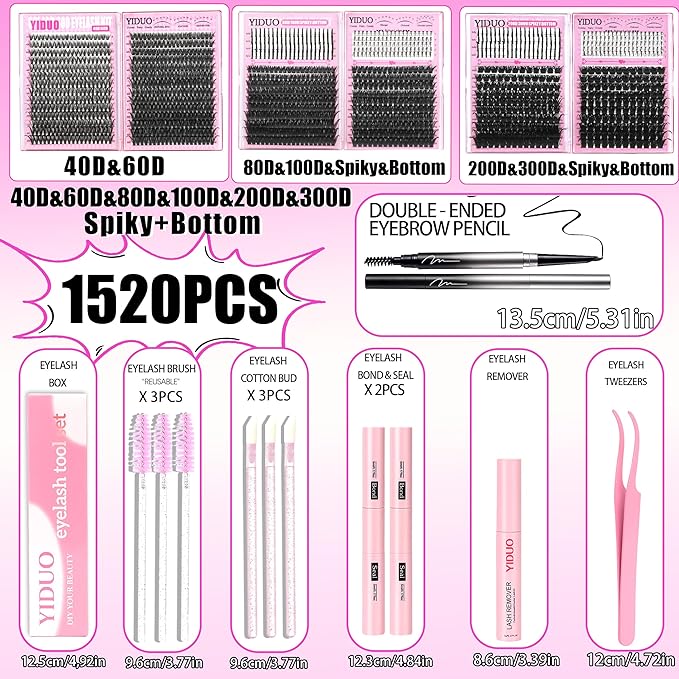 6 Styles Mix Lashes Clusters Kit 3 Box Cluster Lash Book Kit with 2X Bond&Seal 1520Pcs 100D/200D/300D Volume Individual Eyelash Extension Gift Packs for Beginners Bulk Pack. DIY at Home Easily
