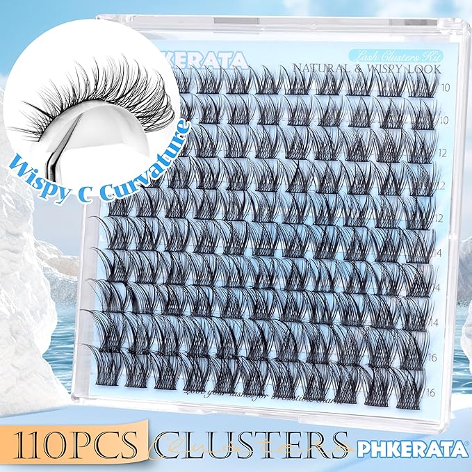 Natural Lash Clusters Kit Wispy Lash Extension Kit Cluster Eyelash Extensions Kit 110pcs DIY Eyelash Clusters at Home Individual Lashes with Lash Glue Bond and Seal and Tweezers, 10-16mm