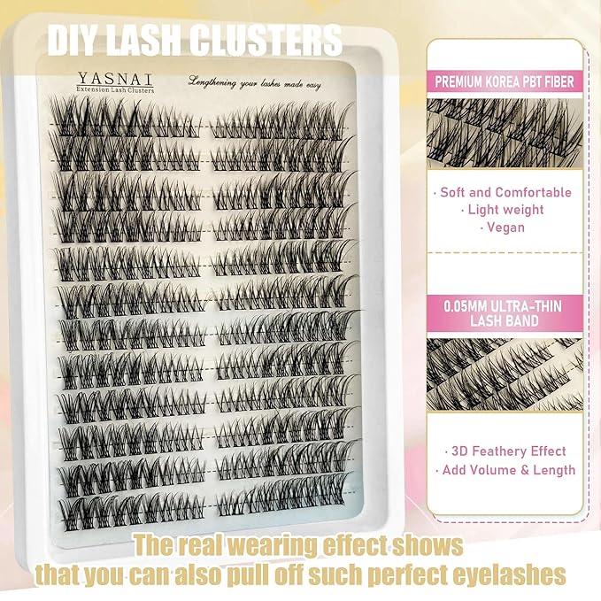 Lash Clusters Natural Look Wispy Cat Eye D Curl Lash Extensions Eyelash Clusters 8-16MM 216pcs Eye Lashes Extension, Yasnai Individual Eyelash Clusters DIY at Home