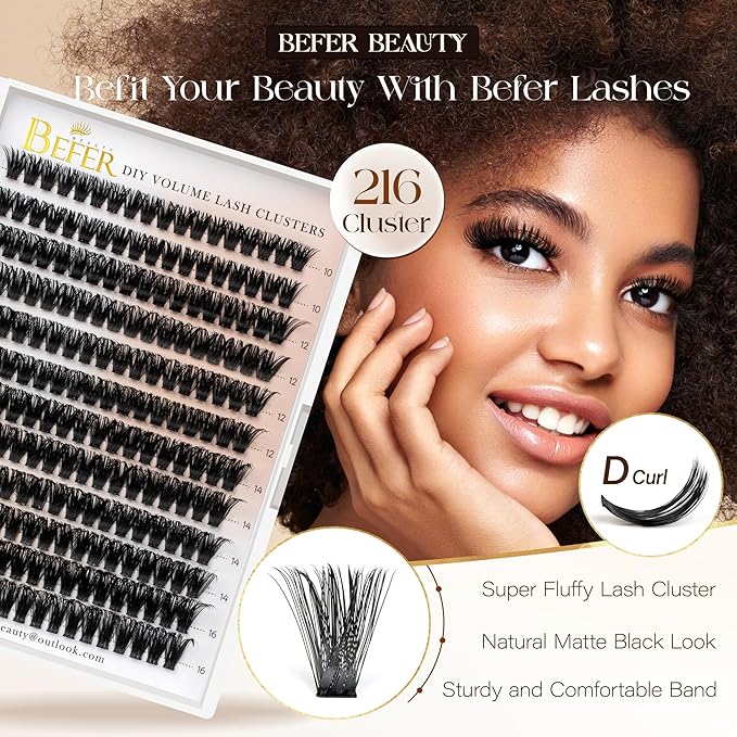 BEFER Lash Clusters, 216 Pcs D Curl Eyelash Clusters 3D Fluffy Volume Individual Lashes Extensions 10-16MM Cluster Eyelash Wispy Cluster Lashes DIY At Home(80P)