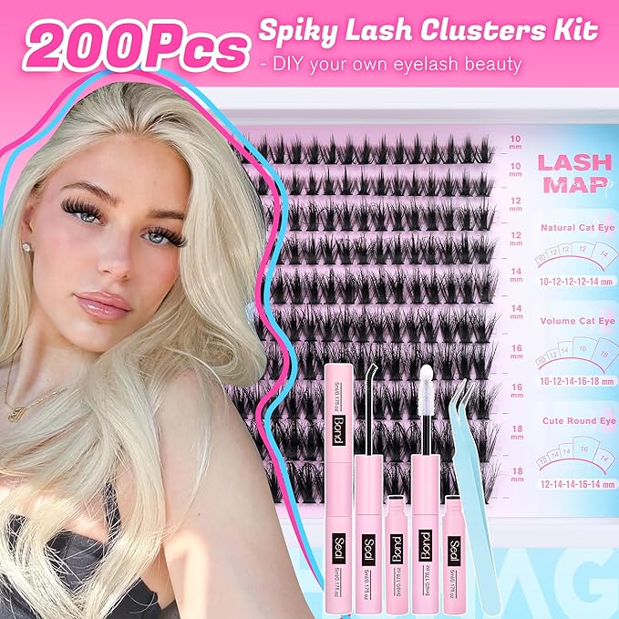 TOOCHUNAG Lash Extension Kit Spiky Fluff Lash Clusters 10-18mm DIY Cluster Eyelash Extensions Kit 200pcs Wispy Soft Individual Lashes Clusters,Lash Bond and Seal &Tweezers