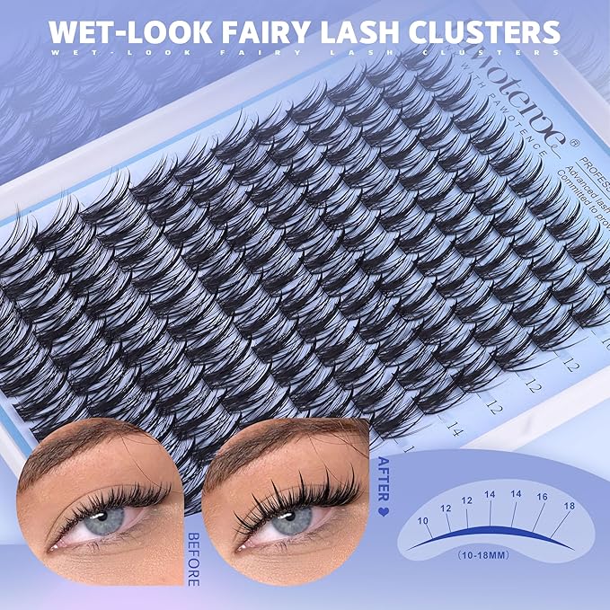 Pawotence Fairy Lash Clusters Kit Eyelash Clusters 10-18mm Wispy Lashes Clusters Eyelash Extension Kit 144pcs Natural Individual Lashes with Lash Bond and Seal, Tweezers, DIY Lash Extension Kit