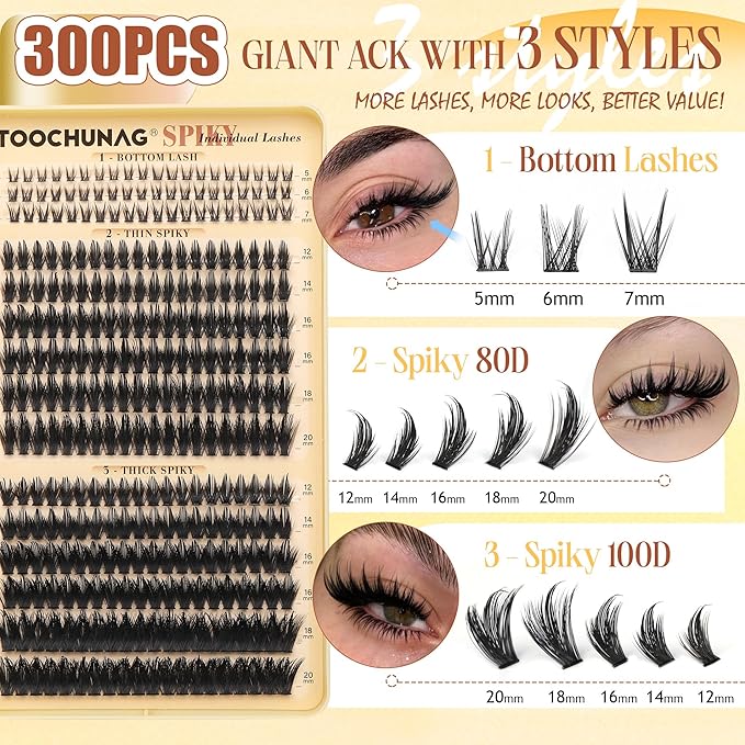 Lash Clusters Kit Spikes Manga Eyelash Clusters 300pcs DIY Lash Extension Kit with Bottom Lashes 12-20mm Anime Cluster Lashes Volume Fairy Eyelash Extensions Kit with Bond,Seal,Tweezers by TOOCHUNAG