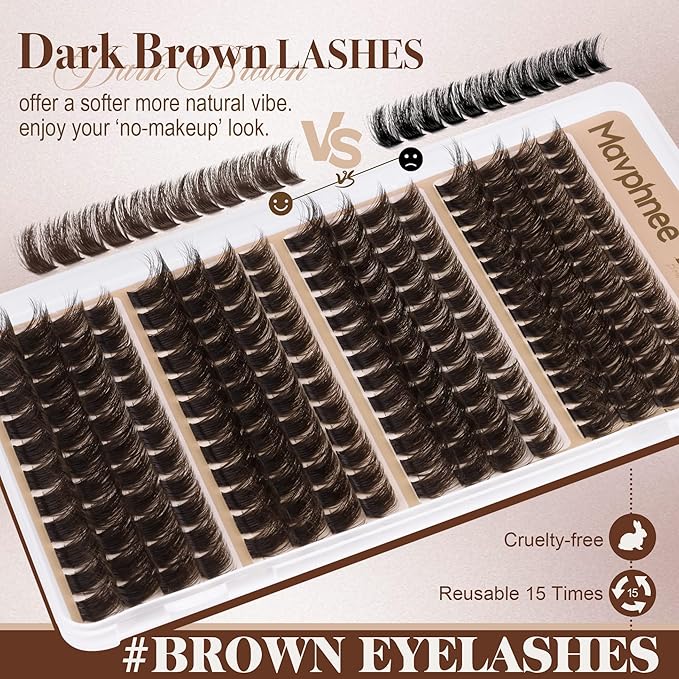 Brown Lash Extensions Gently Fluffy Eyelash Clusters Dark Brown Lash Clusters Clusters Salon Eyelash Extensions 130D 150D 180D 200D Volume Lashes Value Pack Pestañas Postizas Marrón (208Pcs, 10-16MM)