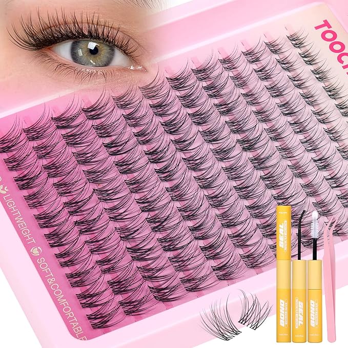 TOOCHUNAG Natural Lash Clusters Kit Wispy Lash Extensions Kit Venus 8-14mm Cluster Eyelash Extensions Invisible Band Lashes Clusters 120PCS C-Curly Eyelash Extensions Kit with Bond,Seal and Tweezers