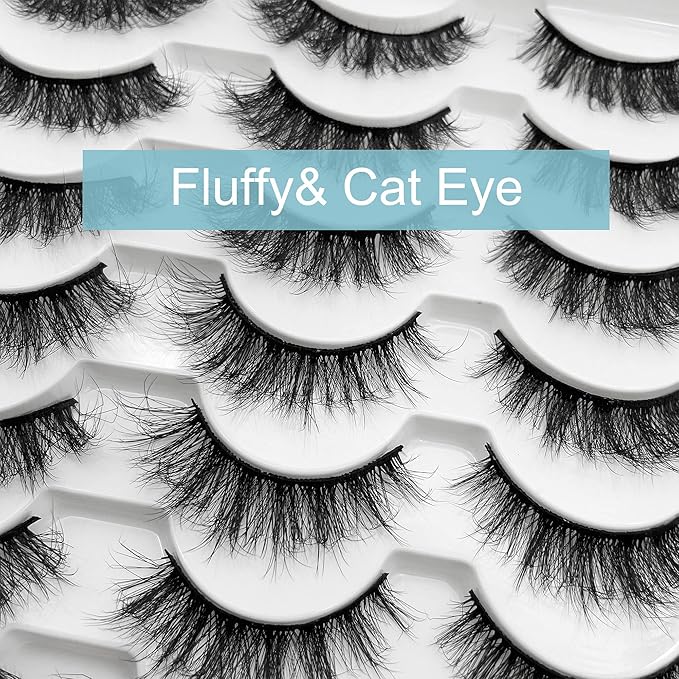 False Eyelashes Fluffy Faux Mink Lashes, Yasnai Natural Eyelashes，14 Pairs Pack 9D Wispy Cat Eye Fake Lashes