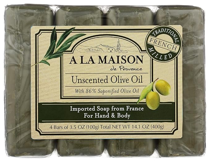 A LA MAISON Hypoallergenic Unscented Bar Soap - Triple French Milled Natural Moisturizing Hand Soap Bar (4 Bars of Soap, 3.5 oz)
