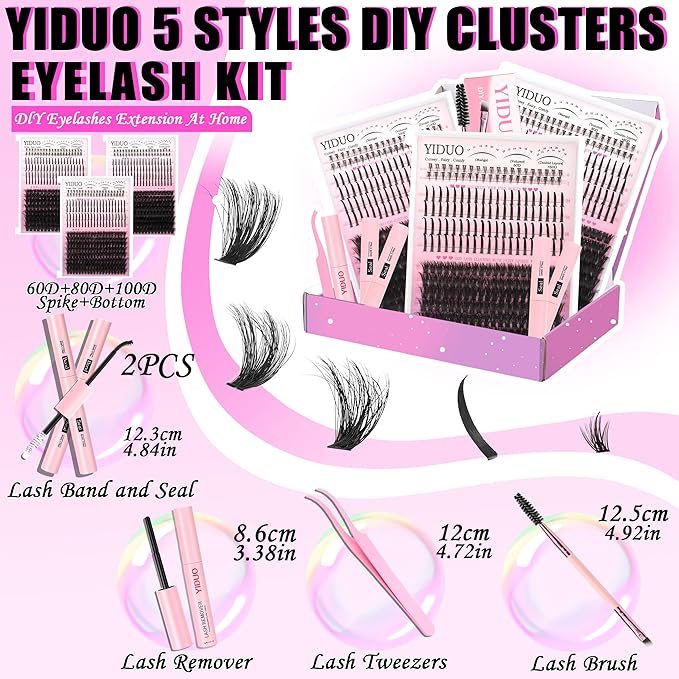 Lash Clusters Kit with Spikes Bottom Extensions False Eyelashes 808Pcs Bulk Packs with 2X Bond&Seal 3D Volume D Curl Wispy Individual Fake Eyelash Wholesale Large Pack for Beginners Gift Choice