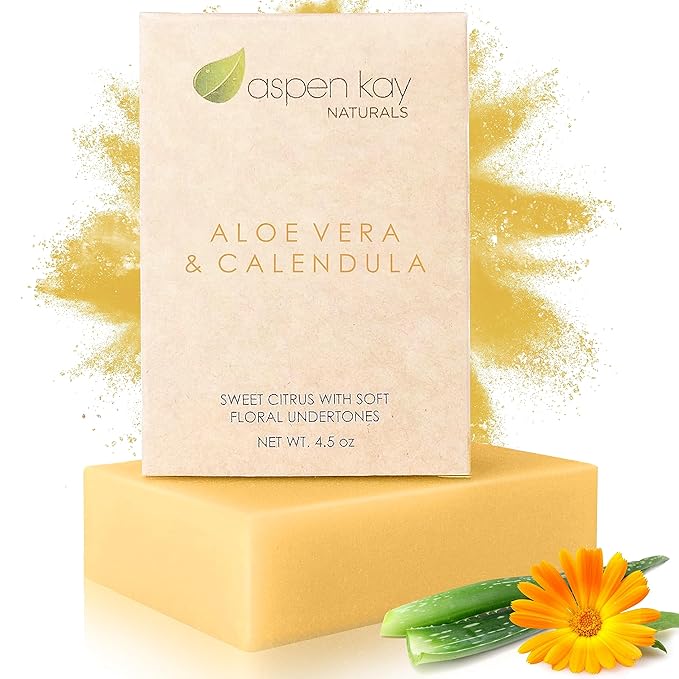 Aspen Kay Naturals Aloe Vera & Calendula Soap, Natural & Organic Ingredients, Organic Aloe Vera, Calendula & Turmeric Soap. Use for Face & Body. for Men, Women & Teens. Gentle Face Wash. 4.5 oz Bar